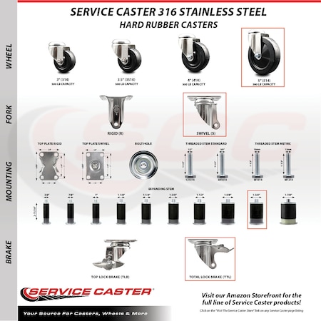 Service Caster 5 Inch 316SS Hard Rubber Swivel 1-3/4 Inch Expanding Stem Caster Lck Brake, 2PK SCC-SS316TTLEX20S514-HRS-2-S-2-134